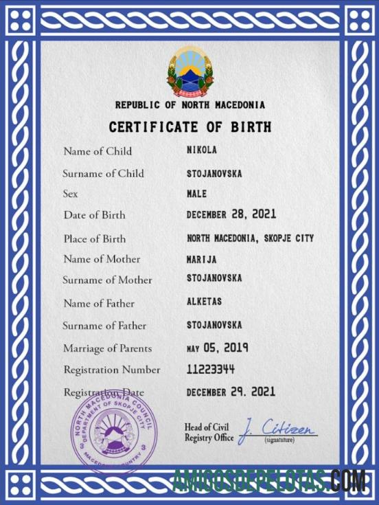 Em branco modelo PSD de certidão de nascimento de registro vital da Macedônia do Norte